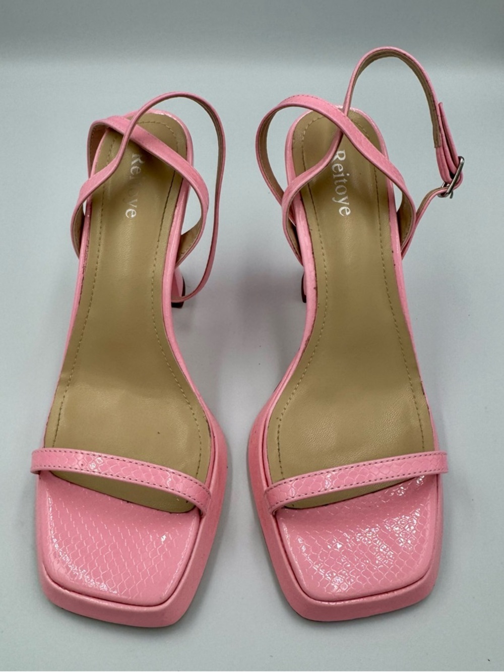 Pink Snakeskin Platform Sandals Square Toe Flare Heel Barbiecore Size 7